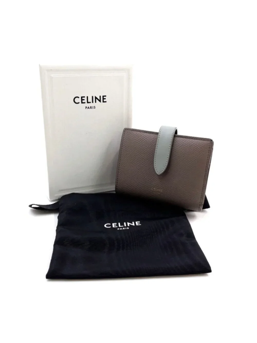 Celine Strap Wallet Leather Gray Bifold Gold